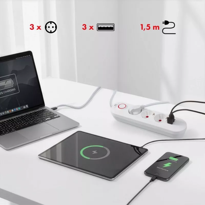 Regleta de enchufes MACLEAN MCE394W — 3 enchufes, 3×USB 2,1A, 110–240V AC, 2500W, cable de 1,5 m, blanca