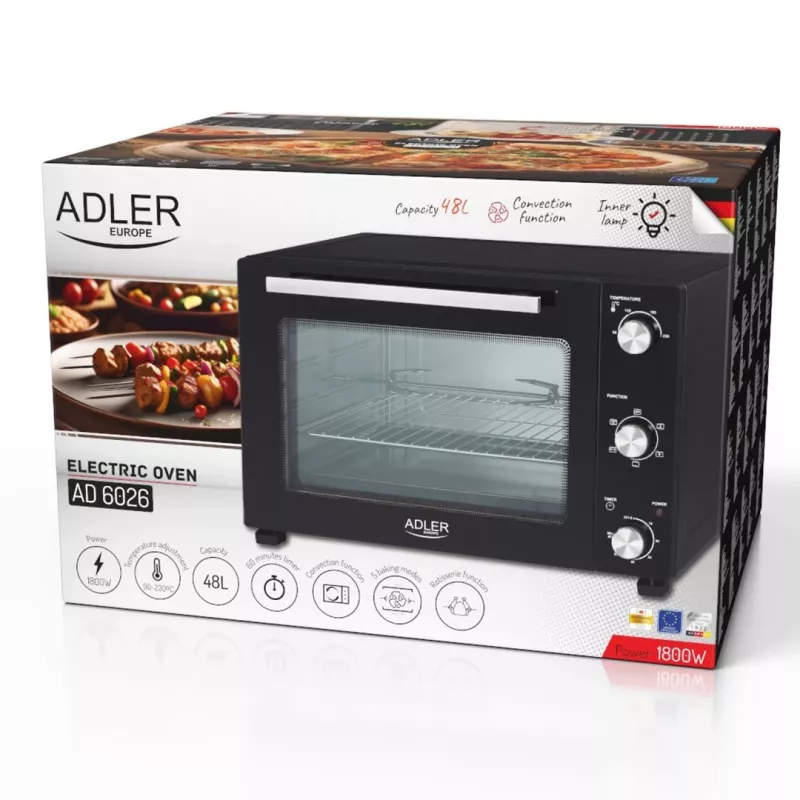 Horno de sobremesa compacto eléctrico Adler AD 6026 – capacidad 48 l, 1800 W, independiente, temporizador mecánico