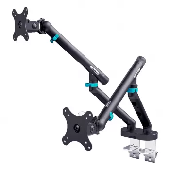 Soporte de monitor DIGITUS Dual Design para 2 pantallas de 35 pulgadas, pinza, 2 × 10 kg, VESA 75×75–100×100, inclinación -45–90°