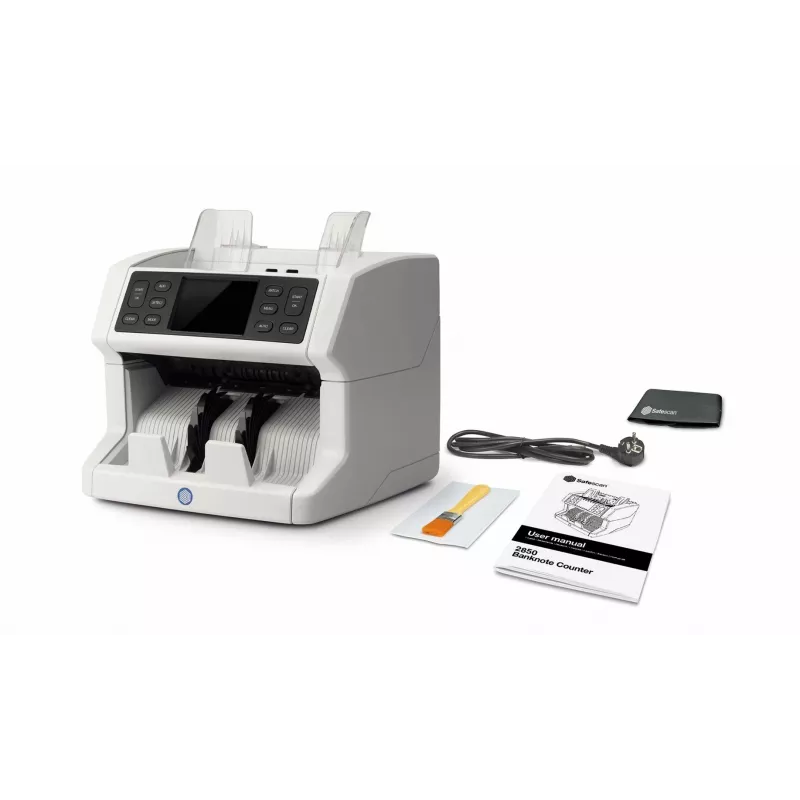 Safescan 2850 contador de billetes con detección de falsos (UV, magnético, tamaño), 1500 billetes/min, pantalla táctil, blanco