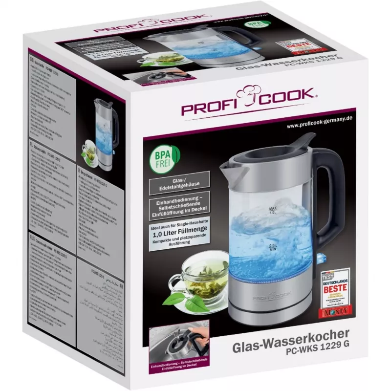 ProfiCook PC-WKS 1229 G hervidor de agua 1 L 1600 W acero inoxidable, transparente