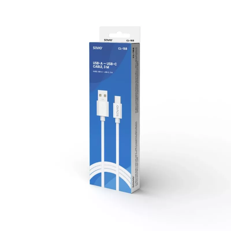 Cable USB 2.0 SAVIO CL-168, USB A (conector macho) a USB C (conector macho), 3 m, blanco