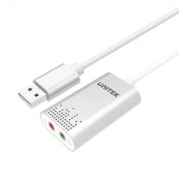 Conversor de audio Unitek Y-247A, plateado, conector USB Type-A, compacto 12×28×46 mm