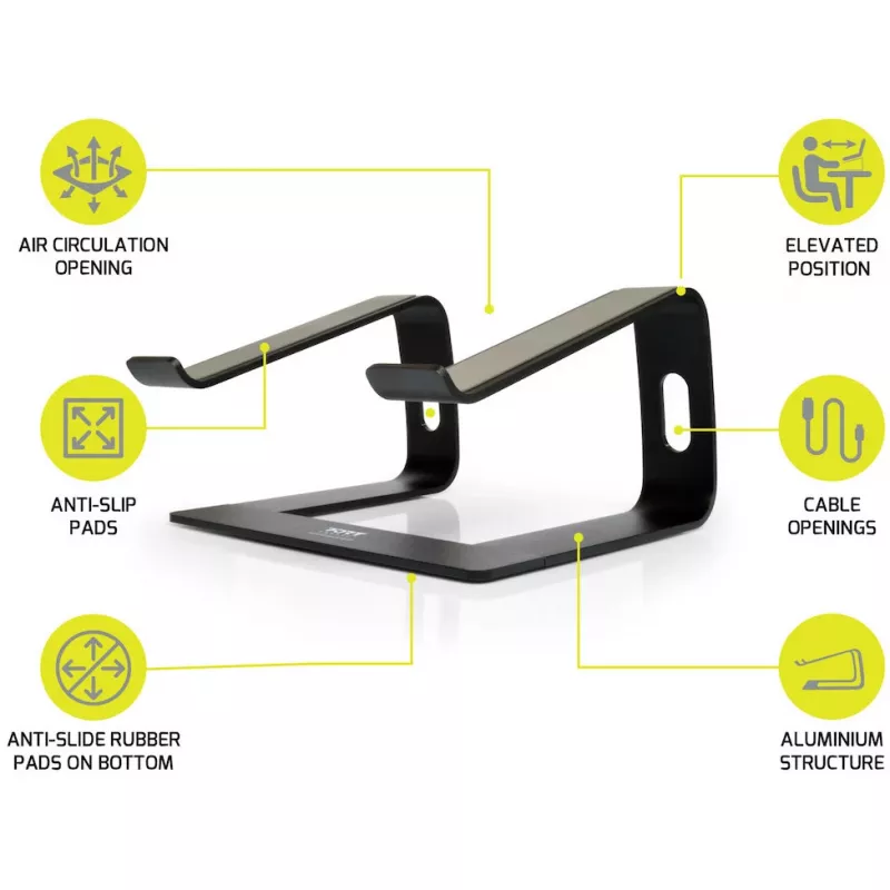 Soporte para portátil Port Designs 901103 — Aluminio y Negro, para portátiles hasta 15,6 pulgadas, ancho 260 mm, profundidad 145 mm, altura 225 mm