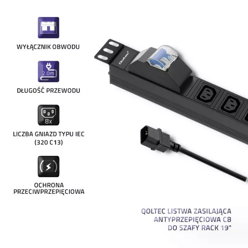Qoltec 53999 Regleta PDU para rack de 19 pulgadas, 1U, 8x IEC C13, 10 A, con disyuntor, 2 m