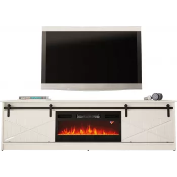 Mueble TV con chimenea eléctrica Cama Meble GRANERO modelo RTV GRANERO + KOM B/B, 200 x 56,7 x 35 cm, blanco/blanco brillante, 2 puertas, 2 estantes, MDF/tablero de partículas