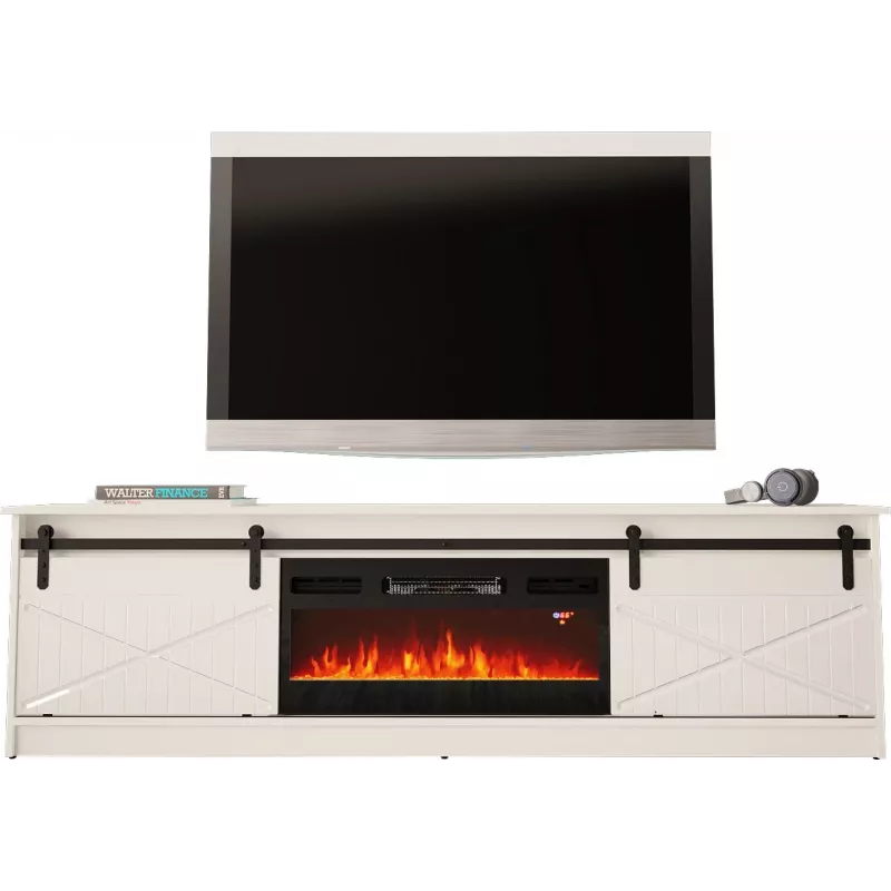 Mueble TV con chimenea eléctrica Cama Meble GRANERO modelo RTV GRANERO + KOM B/B, 200 x 56,7 x 35 cm, blanco/blanco brillante, 2 puertas, 2 estantes, MDF/tablero de partículas