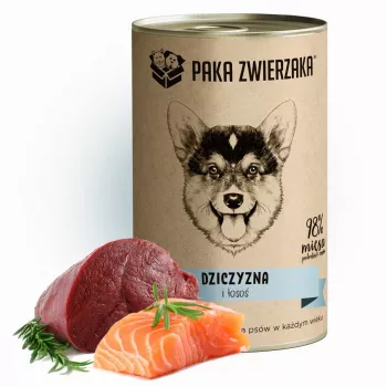 Comida húmeda para perros PAKA ZWIERZAKA jabalí y salmón 400 g — lata para perros adultos, jabalí y salmón, proteína 10,4 %, grasa 6,9 %, humedad 76 %