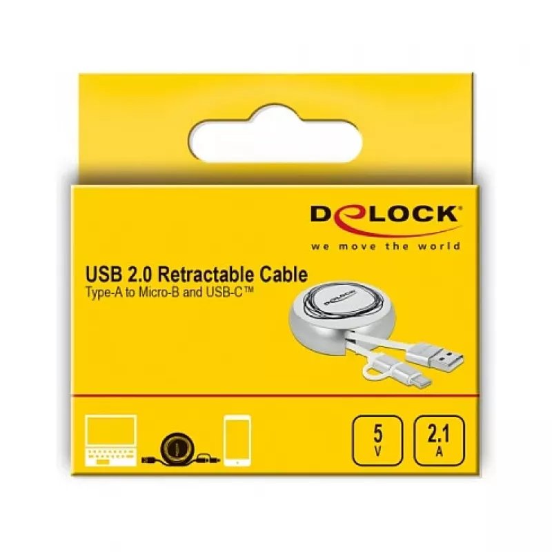 Cable enrollable DeLOCK USB 2.0 2 en 1 Type-A a Micro-B y USB-C™