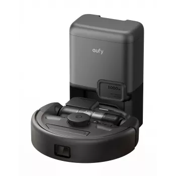 Robot aspirador Eufy E20 negro — redondo, base con bolsa de polvo, 150 minutos de autonomía, 35 cm de diámetro