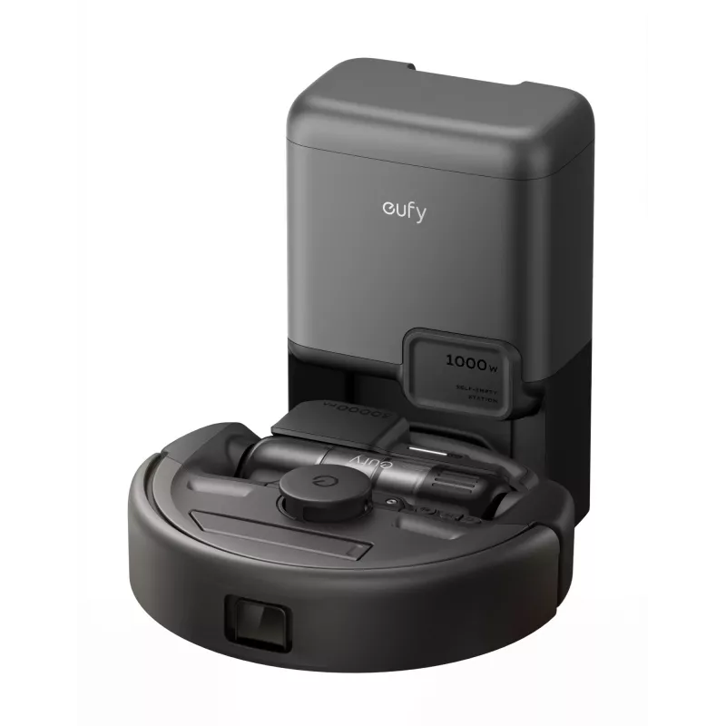 Robot aspirador Eufy E20 negro — redondo, base con bolsa de polvo, 150 minutos de autonomía, 35 cm de diámetro