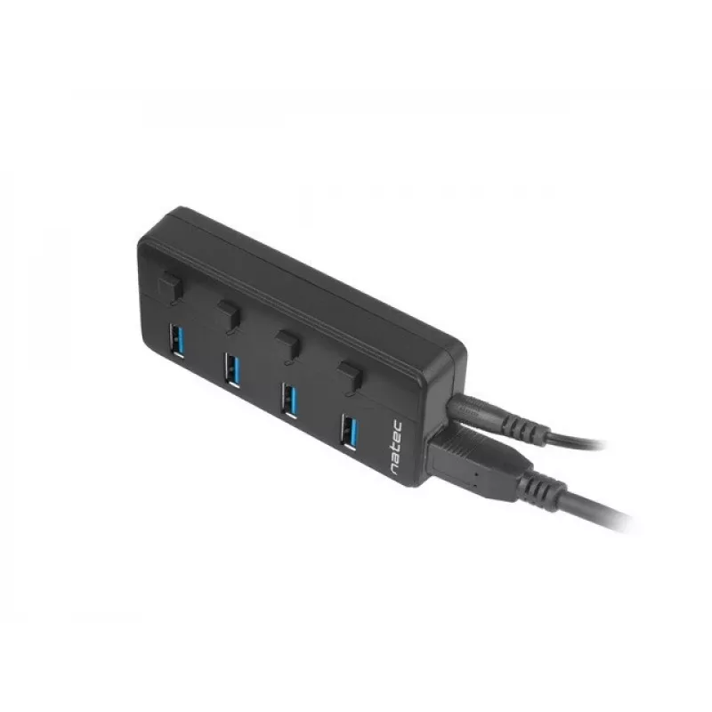 Natec Mantis 2 NHU-1557 hub USB 3.0 de 4 puertos, entrada USB Type-B, interruptores de encendido/apagado, adaptador de corriente, negro