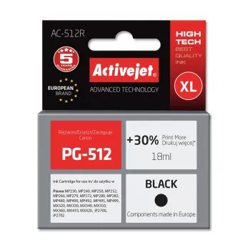 Activejet AC-512R tinta (sustituto de Canon PG-512; Premium; 18 ml; negro)