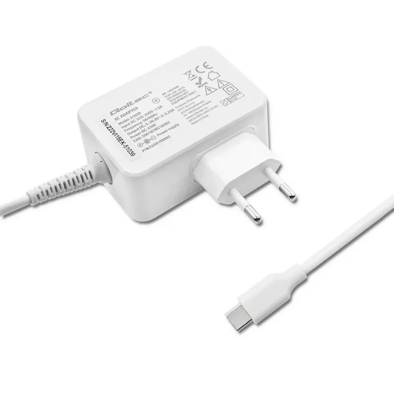 Qoltec 51039 adaptador de corriente 65 W USB-C PD, 5–20,3 V, 2–3,25 A, cable USB-C integrado, blanco
