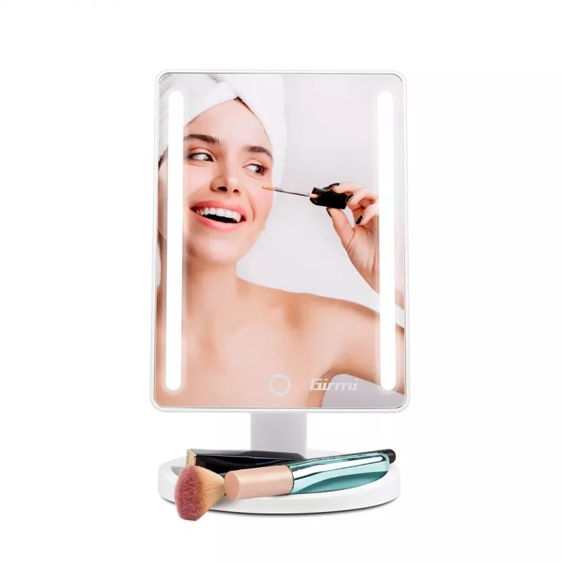 Espejo de maquillaje de pie Girmi BE04 – rectangular con aumento 1x, LED blanco, USB/4×AA, giro 180°