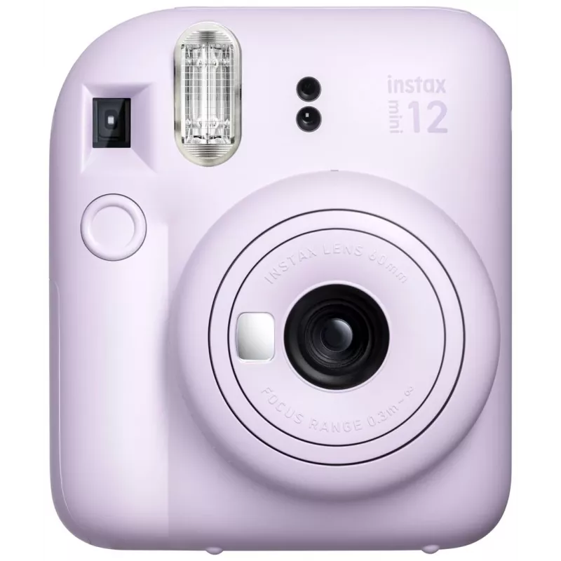 Cámara instantánea Fujifilm Instax Mini 12 Lila — imagen 86×54 mm, película 62×46 mm, distancia focal 60 mm