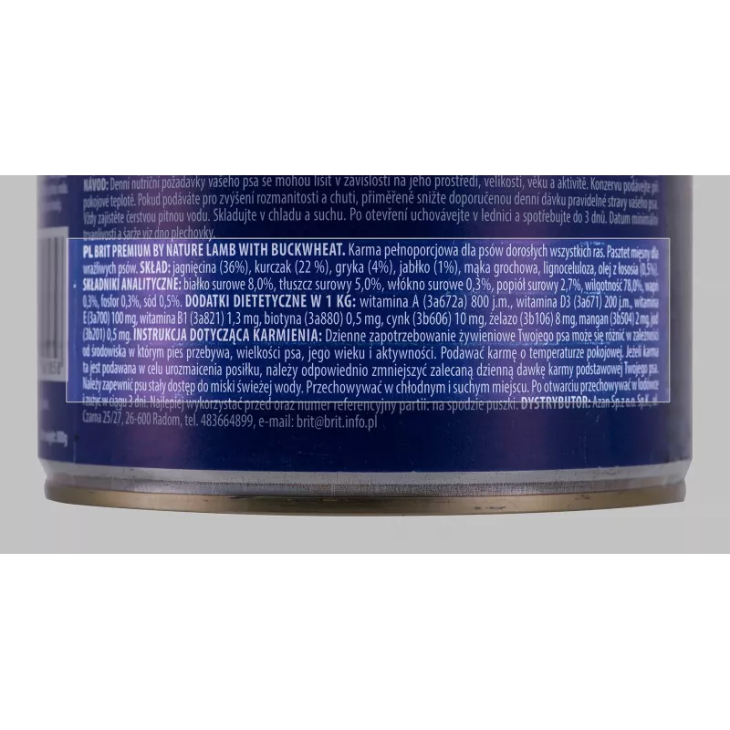 Pienso húmedo para perros Brit Premium by Nature cordero con trigo sarraceno 800 g, sin cereales, perros adultos, lata