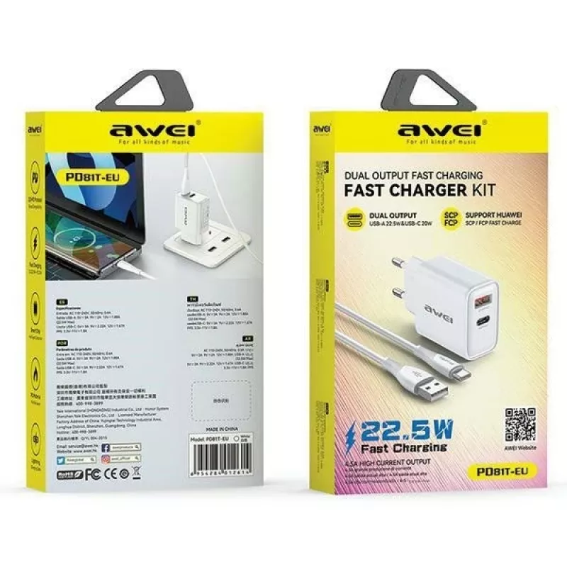 Fuente de alimentación Awei PD81T-EU 22,5W con cable USB y USB-C, blanco, GaN