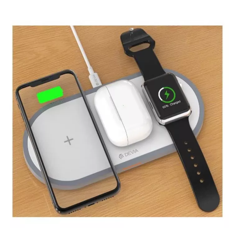 Cargador inalámbrico 3 en 1 Devia V4 10W — para smartphone, Apple Watch, auriculares