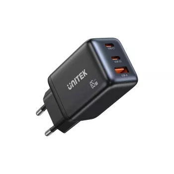 Cargador de pared Unitek GAN 65W con 2x USB-C y 1x USB-A, Power Delivery 3.0