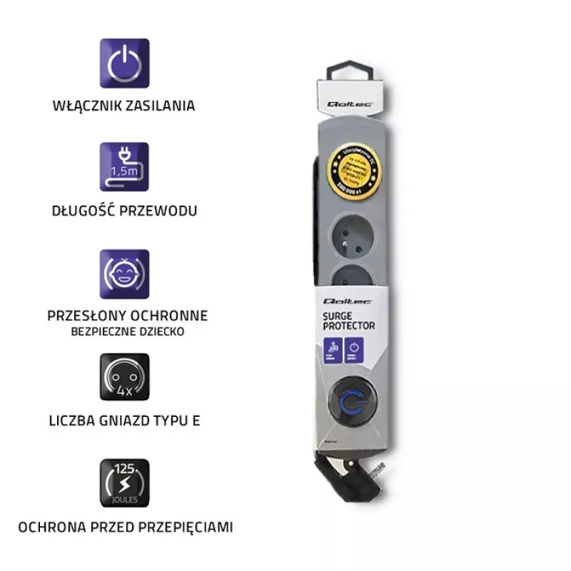 Protector de sobretensión Qoltec 50163 gris 4 tomas de corriente AC 230V 1,5m