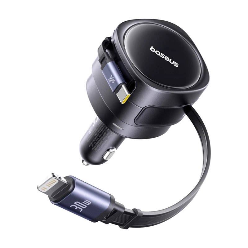 Cargador de coche Baseus Enjoyment Max 60W con cables USB-C y Lightning, carga rápida de doble puerto