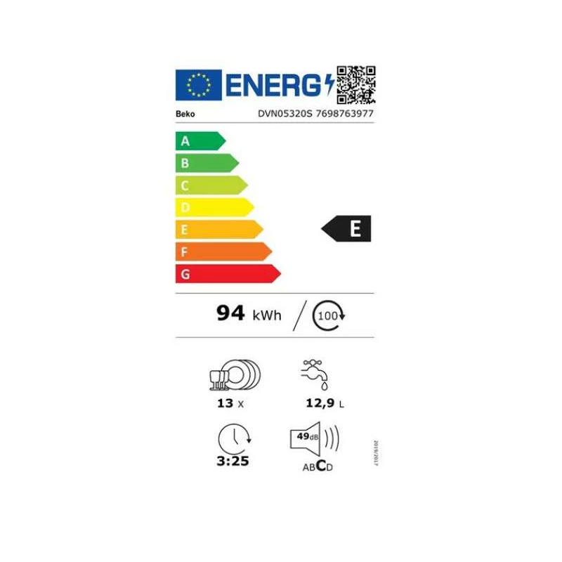 Lavavajillas independiente BEKO DVN05320S, clase de eficiencia energética E, ancho 60 cm, acero inoxidable