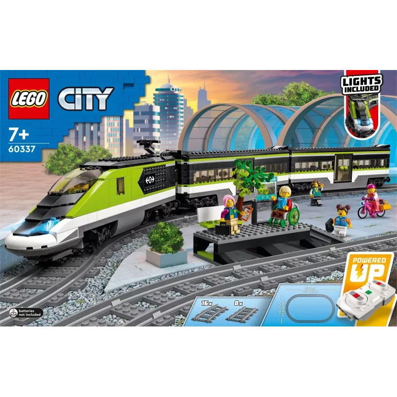 LEGO 60337 City Express Tren de pasajeros Set juguete teledirigido regalo para niños y niñas con faros funcionales 2 vagones y 24 piezas de vía
