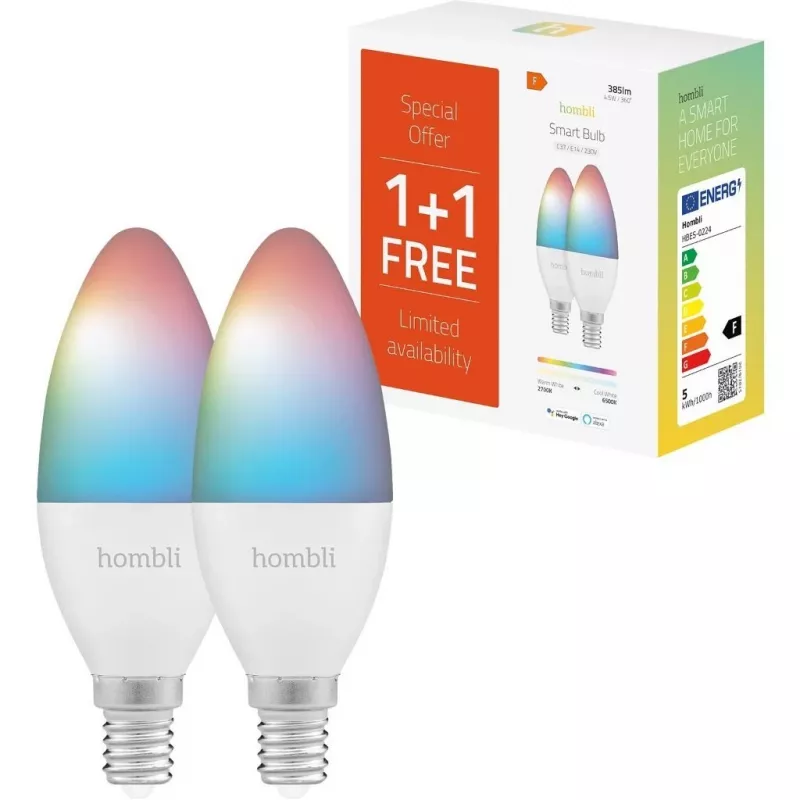 Bombilla inteligente Hombli, 4,5W, E14, RGB, CCT, pack promocional 1+1