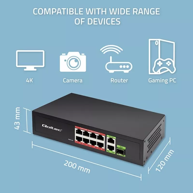 Switch Ethernet QOLTEC 52297 PoE RJ45 con uplink PoE y puerto SFP