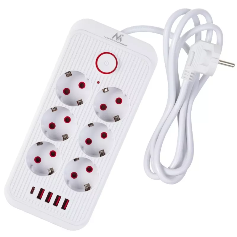 Regleta de enchufes MACLEAN MCE389 W — 6 enchufes, 4×USB-A, 1×USB-C, 2500W, 110–240V, cable de 1,5 m, blanca