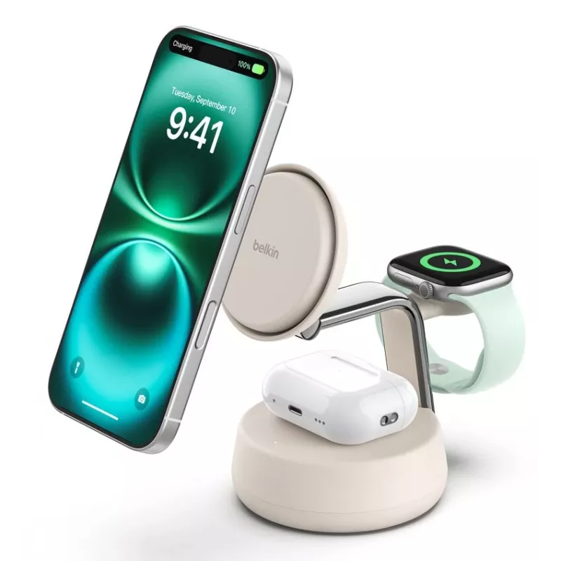 Cargador USB inalámbrico Belkin Qi2 WIZ040KQSD — 25 W, alimentación USB, cable de 1,5 m, blanco, para smartphone smartwatch auriculares monitor de actividad
