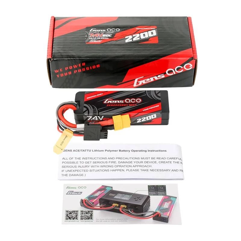Batería LiPo Gens ace G-Tech 2200mAh 7.4V 2S1P 60C GRP-76 Hardcase con conector XT60