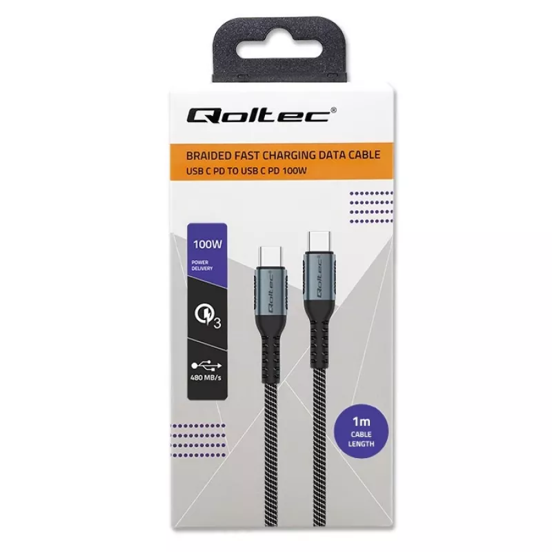 Cable Qoltec USB 2.0 Type-C a USB 2.0 Type-C 100W QC 3.0 PD 1m Negro