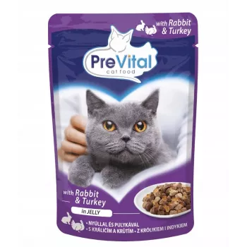 Comida húmeda PREVITAL Pavo y conejo en gelatina 100 g bolsa, gatos adultos, 7% proteína, 82% humedad