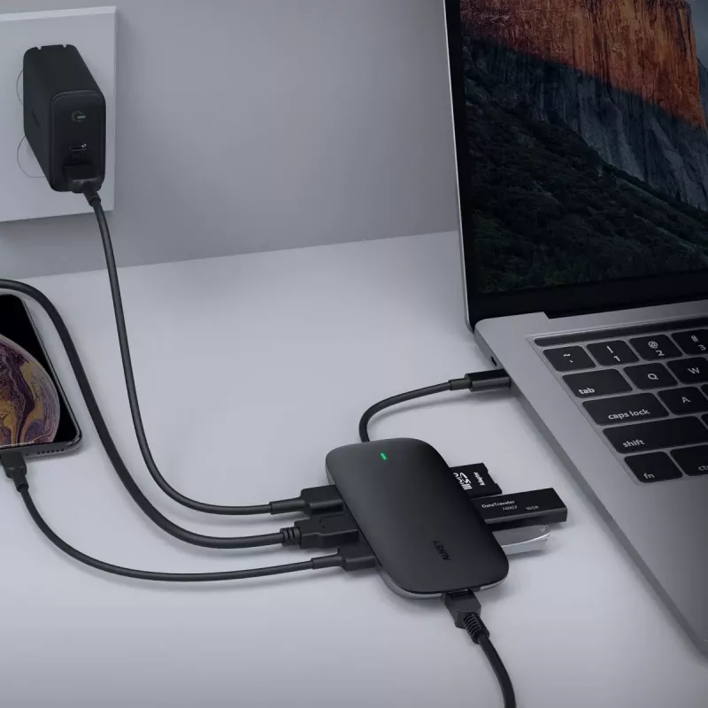 AUKEY CB-C71 hub USB-C 8 en 1, 3x USB-A 3.0, HDMI 4K@30Hz, Gigabit RJ45, SD/microSD, USB-C PD 100 W, cable de 0,15 m, aluminio, negro