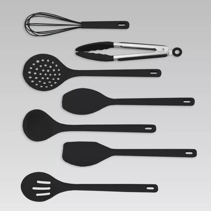 Set de utensilios de cocina Maestro MR-1542 — 8 piezas de silicona para encimera, negro, colgable con soporte de almacenamiento