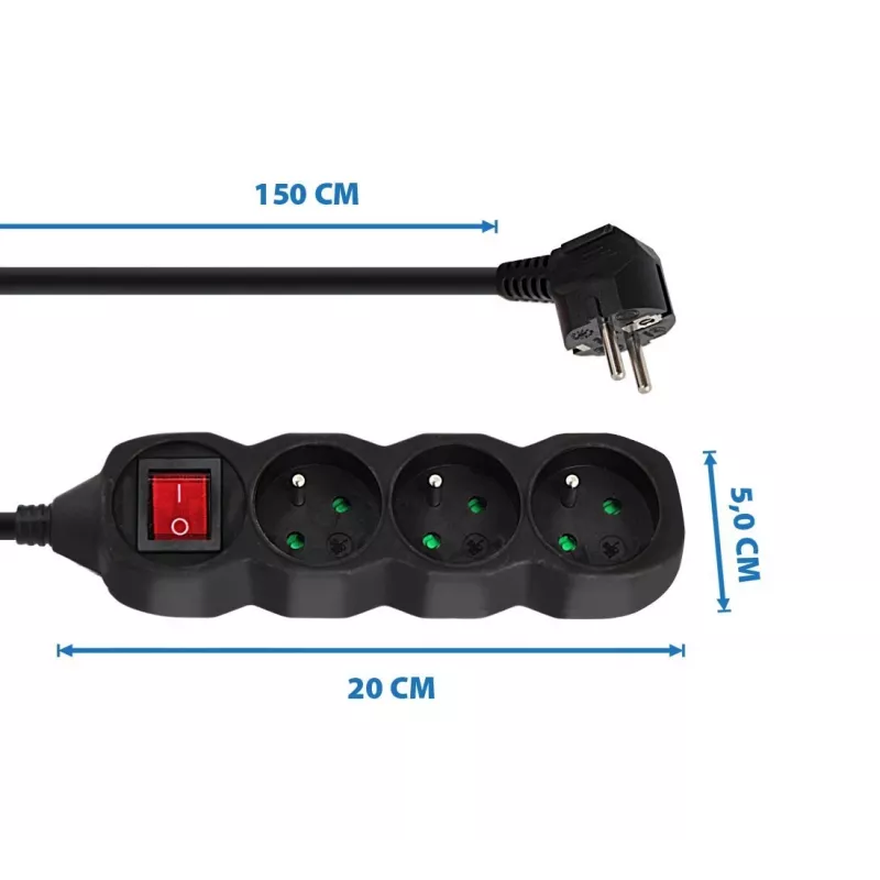 Alargador ESPERANZA ELK210K — cable 1,5 m, 3 tomas de corriente tipo E, conector en ángulo, interior, negro