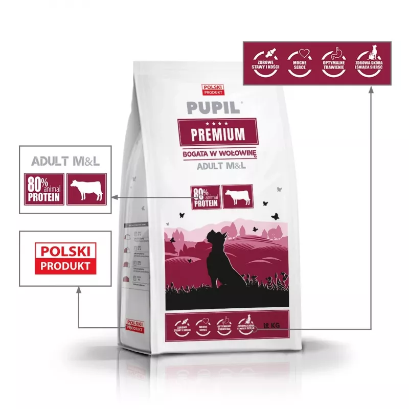 PUPIL Premium Razas medianas y grandes Rico en ternera - Pienso seco para perros - 12 kg