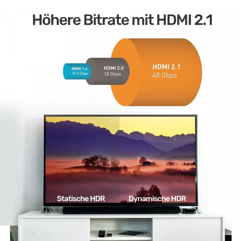 Cable HDMI Unitek C138W 2 m — HDMI 2.1, 48 Gbit/s, 4K/120Hz, HDR10 y Dolby Vision, ARC, conectores dorados