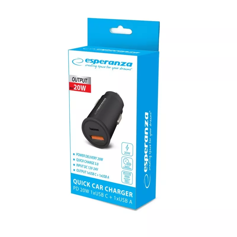 Cargador USB para coche ESPERANZA EZC111K, 20W (USB-C PD 20W + USB-A QC3.0), entrada 12–24V, negro