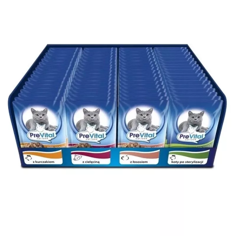 PREVITAL Cat Food Mix 4 Flavors comida húmeda para gatos adultos esterilizados, pollo, ternera, salmón, aves, 96 x 100 g (9,6 kg)