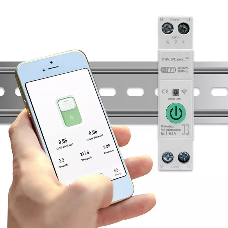 Relé WiFi para carril DIN QOLTEC 50881 — relé de conmutación de red 63A para instalaciones eléctricas