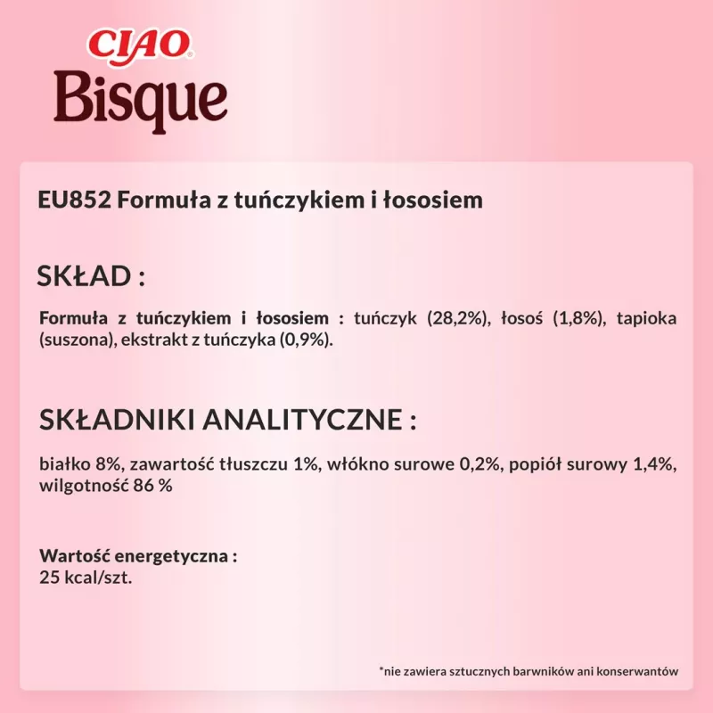 Snack húmedo para gatos INABA Ciao Bisque atún con salmón 40 g — sobre líquido con sabor a pescado, 86 % de humedad, 8 % de proteína