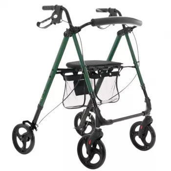 Andador MDH verde con asiento y bolsa – estructura de aluminio, 4 ruedas, altura ajustable, carga máx. 136 kg