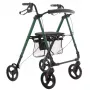 Andador MDH verde con asiento y bolsa – estructura de aluminio, 4 ruedas, altura ajustable, carga máx. 136 kg