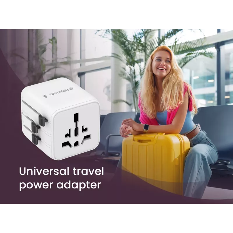 Adaptador de viaje universal GEMBIRD TPA-INT-01-W — entrada 100–250 V, conector Type-G, dimensiones compactas 84×56×85 mm