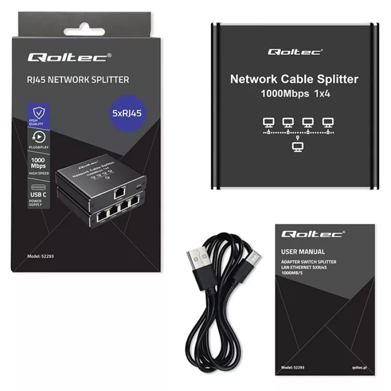 Mini switch Ethernet QOLTEC 52293 1x4 RJ45, splitter de red no gestionado 1 entrada 4 salidas
