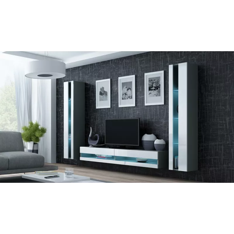 Soporte TV Cama Meble VIGO NEW 30/140/40 — 1400×400×300 mm, parte superior gris, tablero de partículas, marco gris, frentes blanco brillante