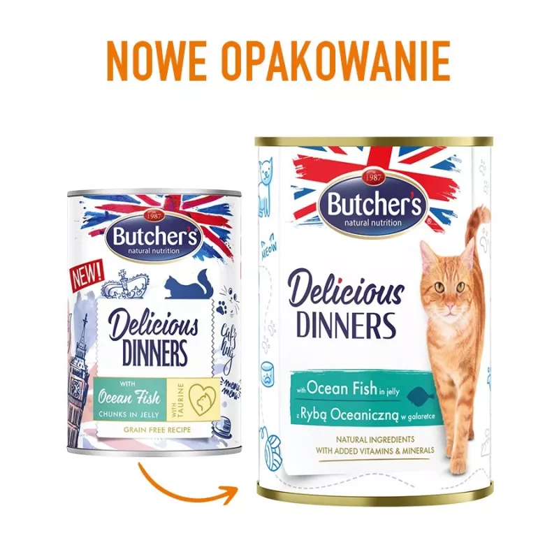 Butcher's Delicious Dinners comida húmeda para gatos con trozos de pescado oceánico en gelatina, 400 g